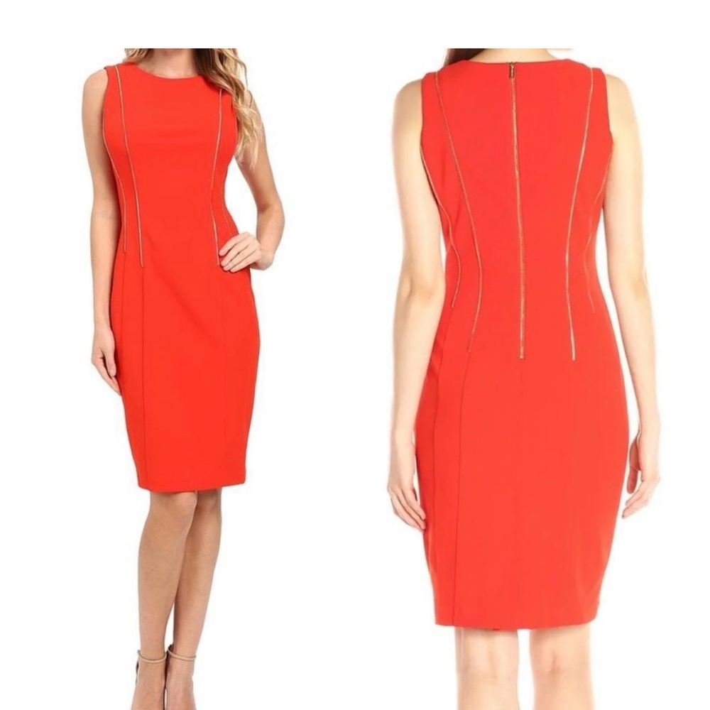 Calvin Klein Red Sleeveless Sheath Dress with Striking I Gold Zipper Accent